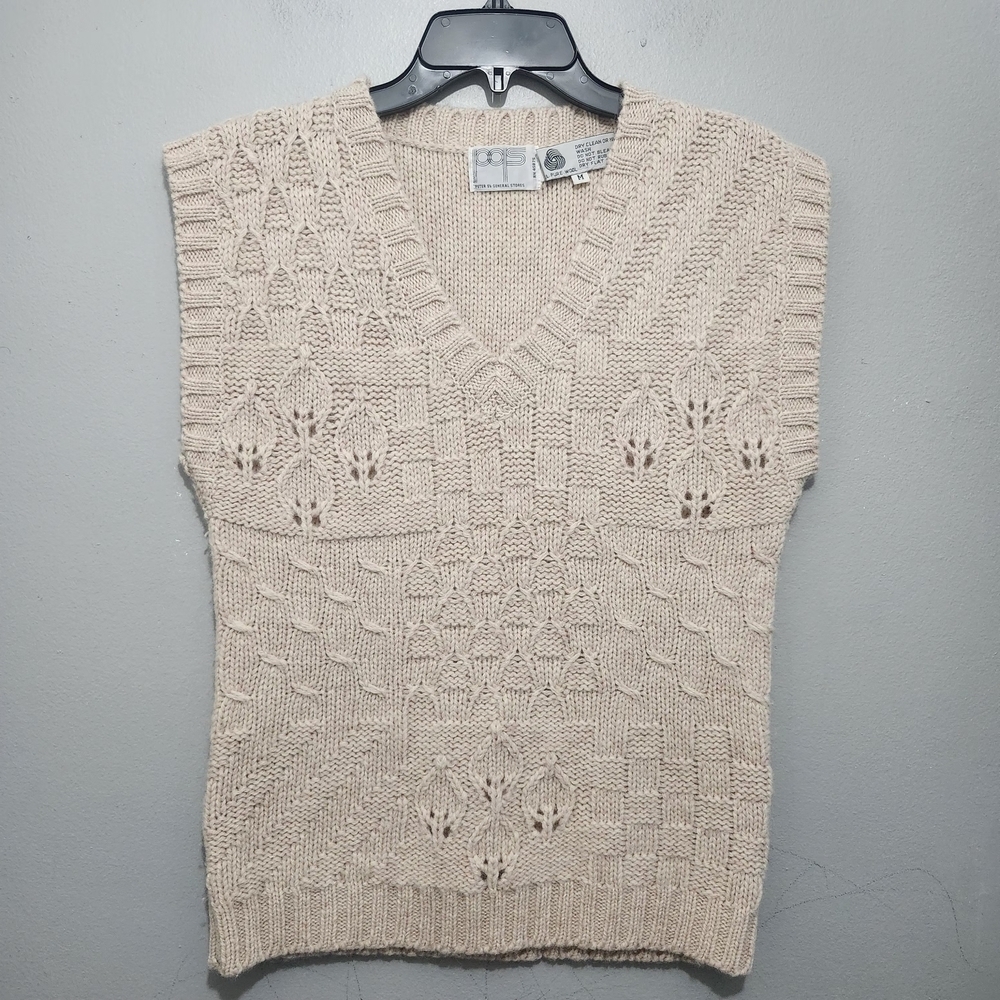 Vintage Pqs Women's Cream Knit Sweater Vest Pure Wool Size M